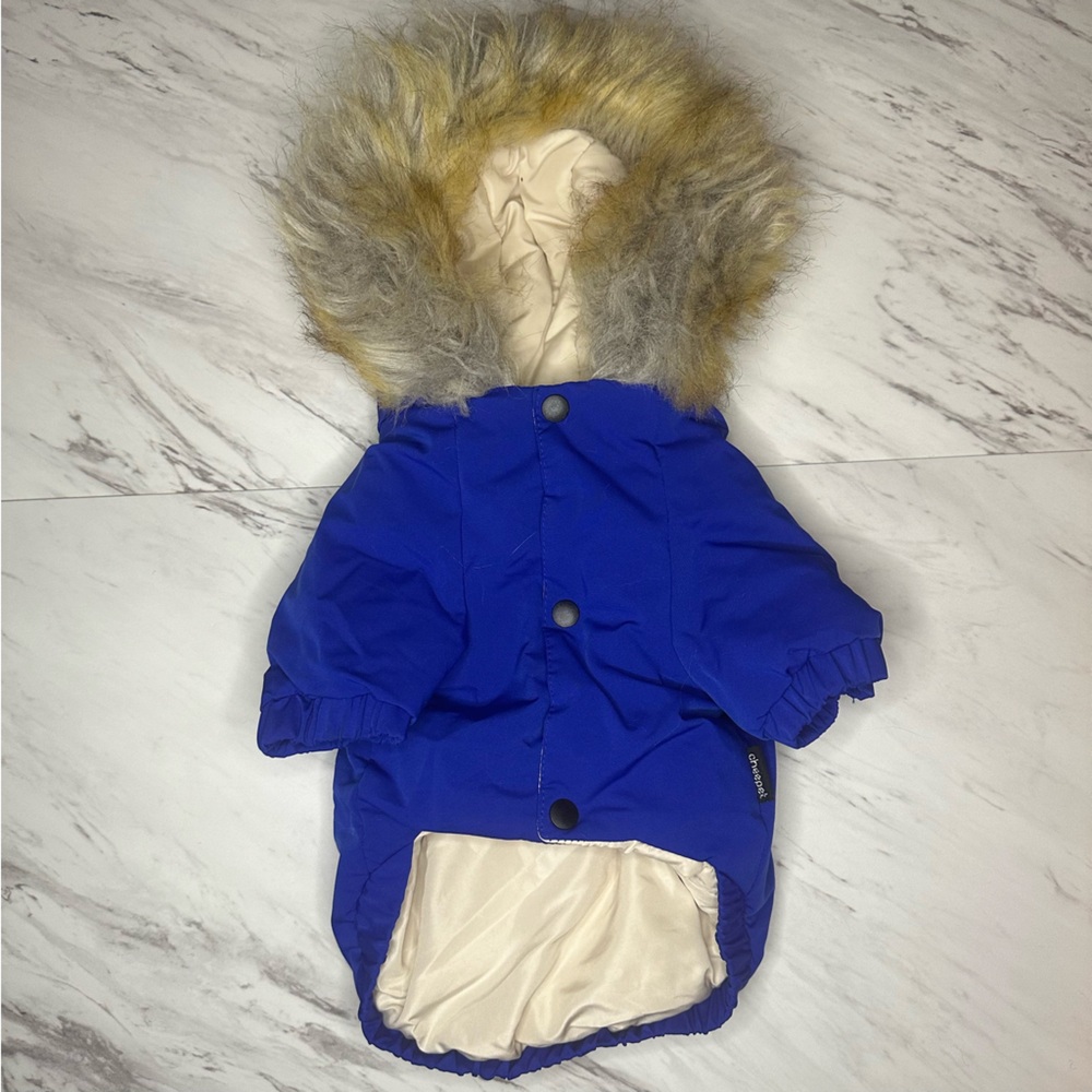 Pet Winter Parka - Faux Fur Hood & Pockets - Blue - Size Large (30cm) - Picture 3 of 15